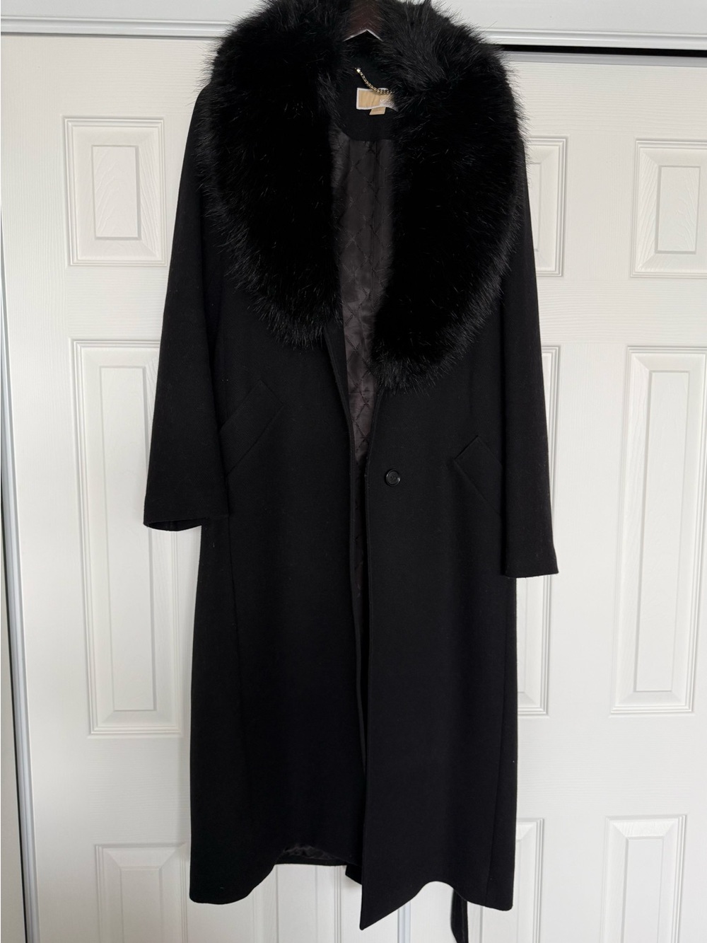 MICHAEL Michael Kors Black Coat with Faux Fur Trim Wool Blend Coat - Picture 4 of 12